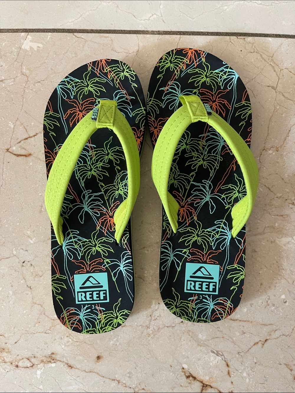 Reef Kids Ahi Sandals Neon Palm Size [3] Girls Boys Flip Flops